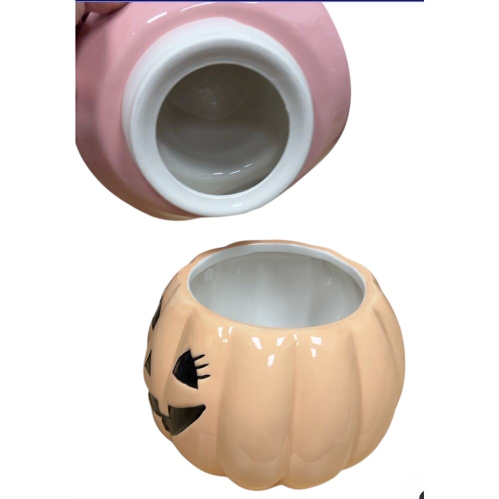 Pink Cowboy Hat Pumpkin Ceramic Canister Jack O Lantern Western Halloween Decor - Picture 3 of 6